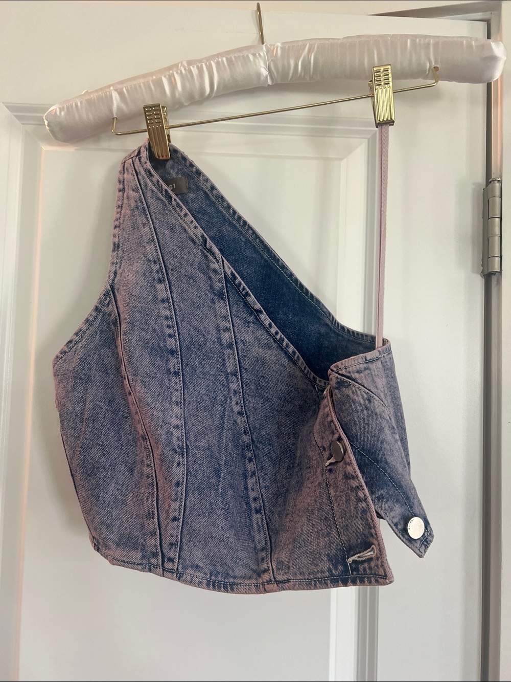 DL1961 Pink-Tinted Blue One-Shoulder Denim Corset Top